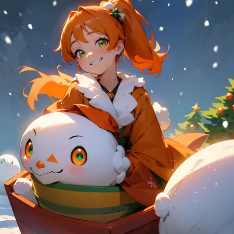 1 beautiful woman、kawaii、Beautiful fece、The upper part of the body、Orange hair,Glowing green eyes,Side Ponytail、Looking at this、The best smile、grin、santa claus、Have a gift、Its snowing、Snowflake、Riding a sled、Lots of snowmen、Christmas tree