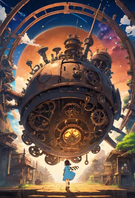 Black Universe、steampunc、brown, rusty, Lonely Floating Machine Planet、gear wheel、A planet made of machines、No people