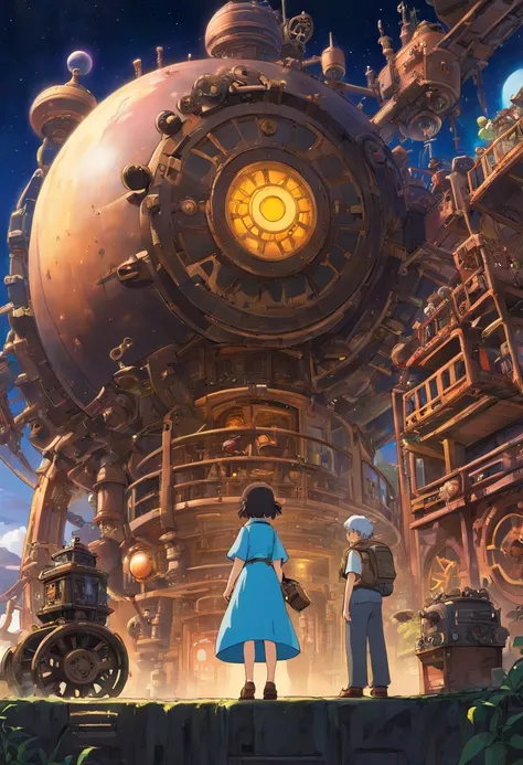 Black Universe、steampunc、brown, rusty, Lonely Floating Machine Planet、gear wheel、A planet made of machines、No people