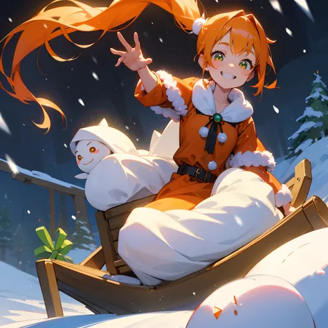 1 beautiful woman、kawaii、Beautiful fece、The upper part of the body、Orange hair,Glowing green eyes,Side Ponytail、Looking at this、The best smile、grin、santa claus、Have a gift、Its snowing、Snowflake、Riding a sled、Lots of snowmen、Christmas tree