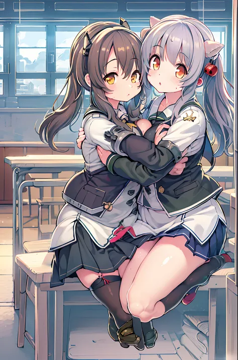 anime image of two girls hugging each other in a classroom, Kantai Collection Style, small curvy loli, kantai collection arcade, azur lane style, konpeki no kantai, from the azur lane videogame, best anime 4k konachan wallpaper, kancolle, from girls frontl...