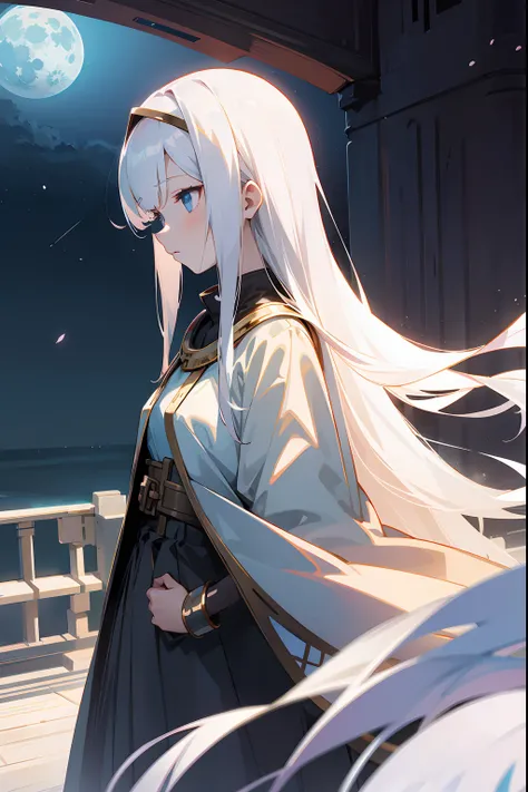 Moon surface, metal bridge, anime girl with white long developing hair looking at the bridge