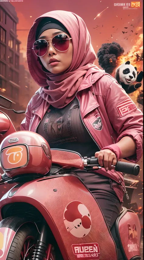 Slim and Medium breasted malay woman in hijab with pink jacket, pink food delivery motorcycle, foodpanda delivery, panda emblem at delivery box, pink delivery box, sunglasses, sci-fi, with gun, explosions behind, lot of explosion, dramatic scene, movie pos...