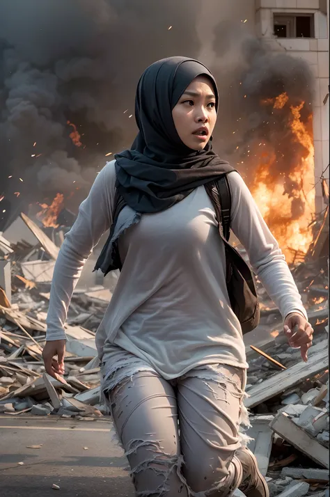 The heroine of the movie "GODZILLA Godzilla". A malay woman in hijab desperately fleeing from Godzilla in a devastated Los Angeles, hijab disheveled, white plain tshirt stained, white leggings torn, running through rubble. Crumbling buildings, burning flam...