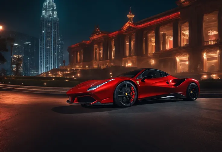 (Best quality, 8k, Masterpiece :1.2), hyper realistic, cyberpunk, at a mountain, an detailed red Ferrari 488, skyscrapers in the background, at night, ((Facing the audience)),