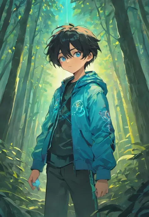 (nine years old boy),medium sized black hair,blue eyes,black adventure clothing,realistic,professional,vivid colors,sharp focus,ultra-detailed,physically-based rendering,[portrait],adventurous,[fantasy landscapes],dynamic pose,looking ahead,forest backgrou...