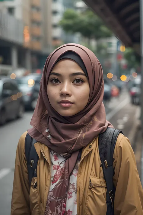 Photograph a Malay girl in hijab as she navigates the urban jungle, confidently commuting to work or school, showcasing her modern lifestyle in the heart of the city,