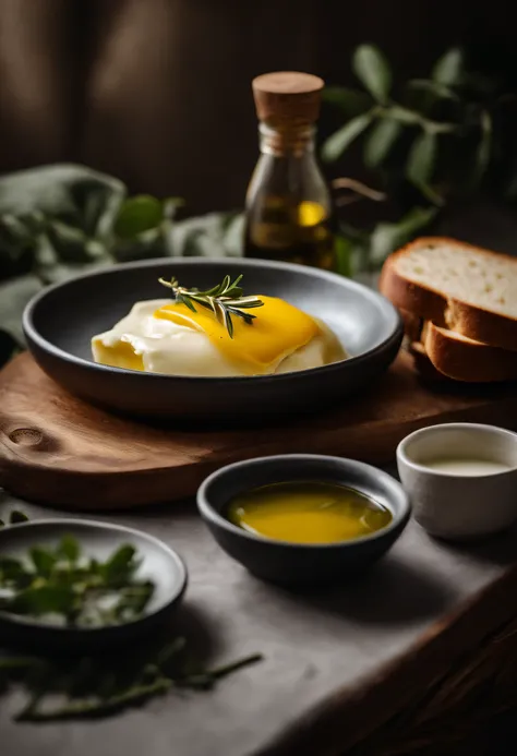 There was a small plate of butter on the table，A couple of loaves of bread, A bottle of oil， fork，Garnish with a little green olive leaves，high quality food photography, styled food photography, food styling, professional food photography, close up food ph...