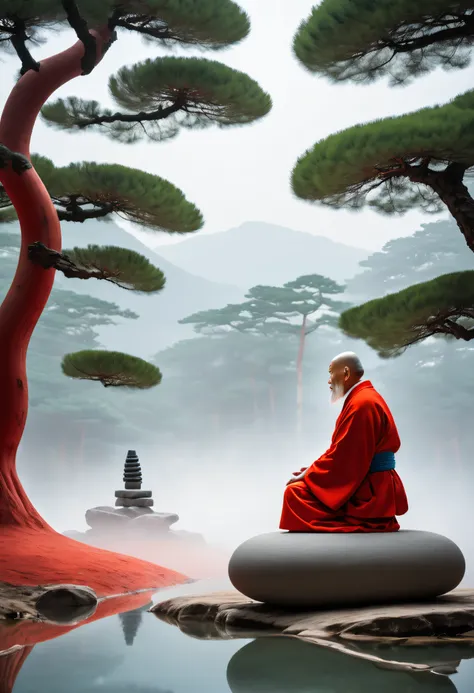 James Turrell, A old monk ismeditating a big stone, Toriioriental zen, minimalist composition, Torii and pine treein the style of fluid landscape，minimalist background,northern chinas terrain, white and red and light blue, Ultra - wideangle, wavy resin she...