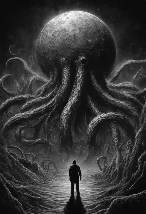 There is a planet in the middle, Tentacles of the universe, Lovecrafts inspiration, Lovecrafts Cosmic Fear, Lovecrafts Hellscape, Fantasy and space horror films, Lovecraft-inspired atmosphere, lovecraftian, Planet in open space, Countless small red eyes gl...