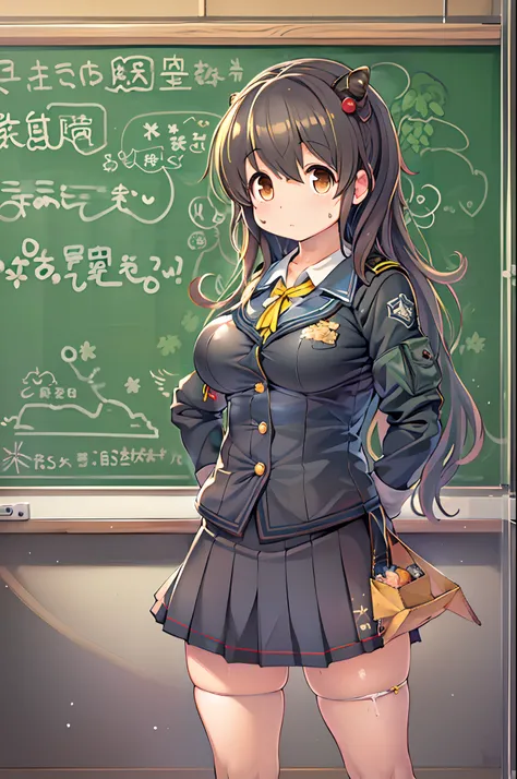 Anime girl in uniform posing in front of blackboard, oppai, Kantai Collection Style, small curvy loli, oppai proportions, Chic, anime moe art style, kancolle, hanayamata, marin kitagawa fanart, konpeki no kantai, nishimiya shouko, a hyperrealistic schoolgi...