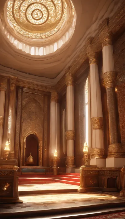 There is a large room with stairs and a circular staircase, futuristic persian palace, CGsocietys Unreal Engine, exquisitely designed throne room, Unreal Engine Rendering, Motor Unreal 5 : :, futuristic palace, Rendering in Lumion, Unreal Engine HD Renderi...