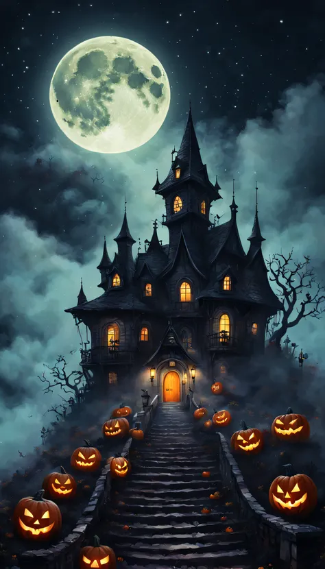 Colorful paintings by Frankstein, Close-up,Numerical vine occlusion，Ghastly，Halloween vibe， Three people shuttled through the fog，Terror Castle，There are monsters around，Sudi House Hotel，Huge Full Moon，full moon，The full moon is centered，Full moon centered...