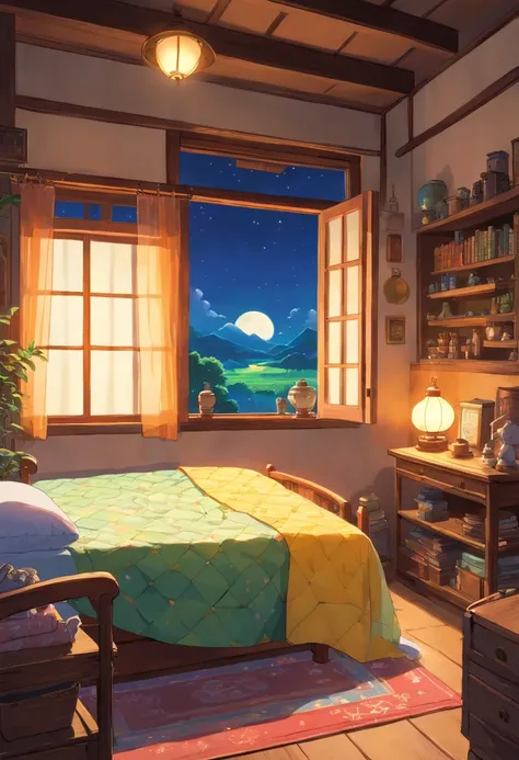 Zhuang style room，There was a little boy sleeping on the bed covered with a quilt，There is a table next to the window，There is a spinning top on the table，Moonlight shines in