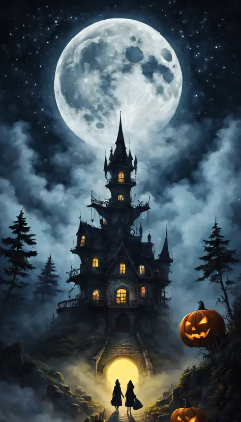 Colorful paintings by Frankstein, Close-up, Three people shuttled through the fog，Terror Castle，There are monsters around，Sudi House Hotel，Huge Full Moon，full moon，The full moon is centered，Full moon centered around Halloween-themed aesthetics, Nicholas Sa...