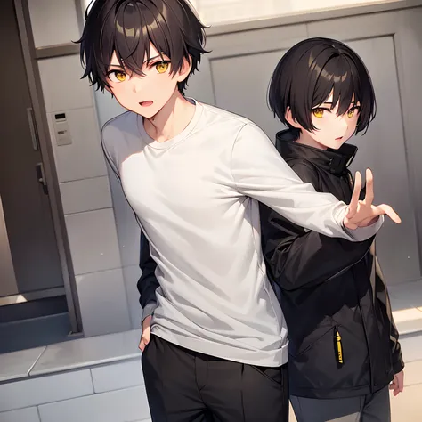 Male Focus,1 juvenile,short-haired,A dark-haired,((​masterpiece)),High school students,Yellow eyes,Black pants,underpants,tusk,parka,long-sleeve