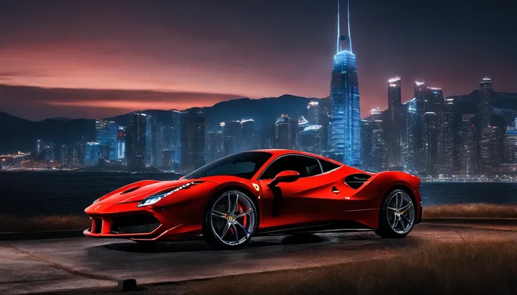 (Best quality, 8k, Masterpiece :1.2), (Facing the audience), hyper realistic, cyberpunk, at a mountain, an detailed red Ferrari 488, The blue skyscraper in the background, at night,