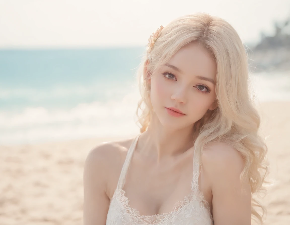 ((Best Quality)), (ultra-detailliert), ((Extremely detailed)), (Beautiful), ((Kawaii Girl)),(two side up hair)、((masutepiece)),Platinum Blonde Hair,Long hair, hair between eye, Wavy Hair, Long sideburns,Jade-colored eyes, White skin,Normal Chest,Slender bo...