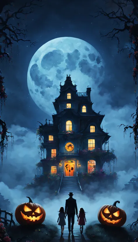 Colorful paintings by Frankstein, Close-up, Three people shuttled through the fog，There are monsters around，Sudi House Hotel，Huge Full Moon，full moon，Full moon centered around Halloween-themed aesthetics, Nicholas Samori style，filmposter，8K，There are empty...