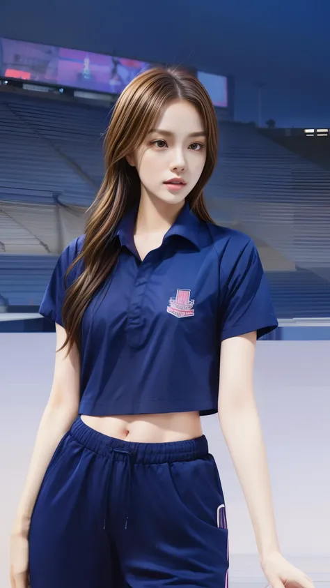 (bestquality,10,10,highres,masterpiece:1.2),ultra-detail,(Realistic,photorealistic portrait,photo-realistic:1.37),1 Cute girl in the football field,oily shiny skin,bara,light smile,BDclothes,((blue shirt:1.3)),short sleeves,shirt, trousers.,(navy_long_Pant...