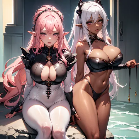 Masterpiece, best quality, cute mature girl, (dark skin++), pointy elf ears, pink hair, long hair, straight hair, hair behind ear, pink eyes, intricate details, hair accessories, big boobs, choker, thick lips, blush, white shirt, cleavage, slight leggings,...