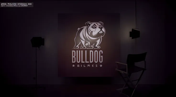 um close up de uma cadeira em frente a uma parede com um buldogue sobre ela, mascote tourodog estilo nba, Film Studio, Bullies, design de logotipo, design de conceito de logotipo, major film production, 2d solid shape logo, cena completa filmada, design de...