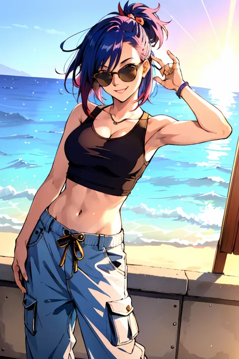 masutepiece, (sharp focus), woman with colored hair, cool haircuts, wearing sunglasses, tank top, baggy pants, front view, confi...