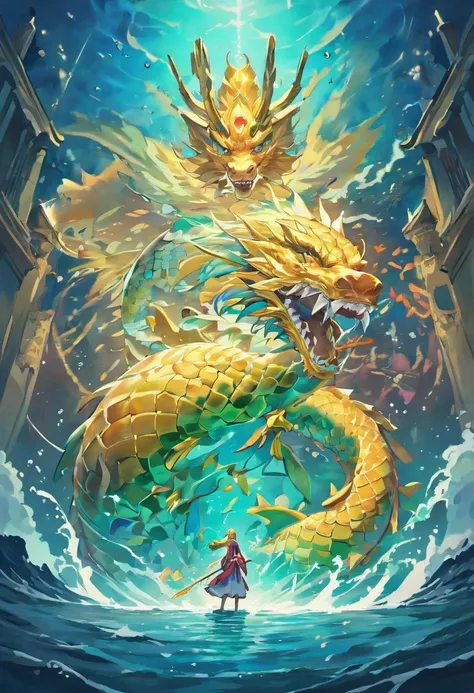 1. Chinese mythology, East Sea Dragon King, Majestic, Powerful, (Ancient deities:1.3), (Serpentine:1.2), (Beard and mustache:0.8), (Whiskers:0.9), (Huge size:1.5), scales, Vibrant colors, Shimmering water, (the reef:1.1), (Golden crown:1.2), (Dragon-shaped...