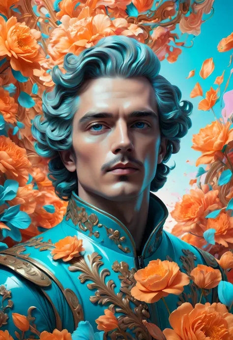 a man is inside many floral and floral petals, in the style of sci-fi baroque, futuristic chromatic waves, rococo portraitures, redshift, detailed skies, powerful portraits, orange and cyan