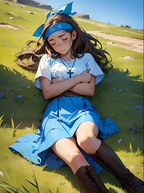 girl with blue coat, SKY blue t-shirt, blue skirt, Brown high boots, white cross necklace, long Brown hair, sky blue headband, many freckles, unconscious, defeated pose, laying over grass, closed eyes