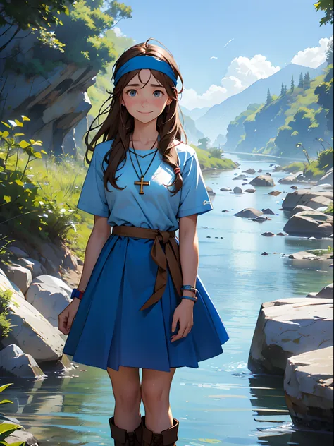 girl with blue coat, SKY blue t-shirt, blue skirt, Brown high boots, white cross necklace, long Brown hair, sky blue headband, many freckles, river background, smiling, watching the River, sad expression, tears