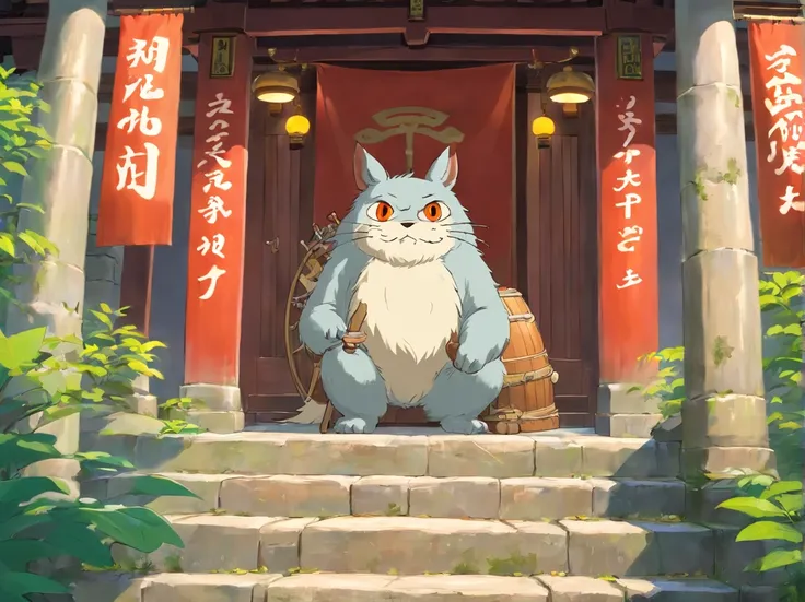 In front of the temple, an old man stood on the steps and played drums with a drumstick，Three youkai escape under the steps