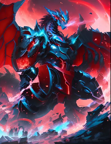 Hay un monstruo rojo y negro muy grande con una luz roja, well armored mech dragon, cyborg dragon portrait, Arte oficial de alto detalle, colossal dragon as background, Arte mecha, full art illustration, beautiful biomechanical djinn, Dios griego en estilo...