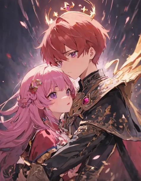 girl and boy, princess, pink hair, black eye, In the arms of a black-haired knight, crown on his head, love