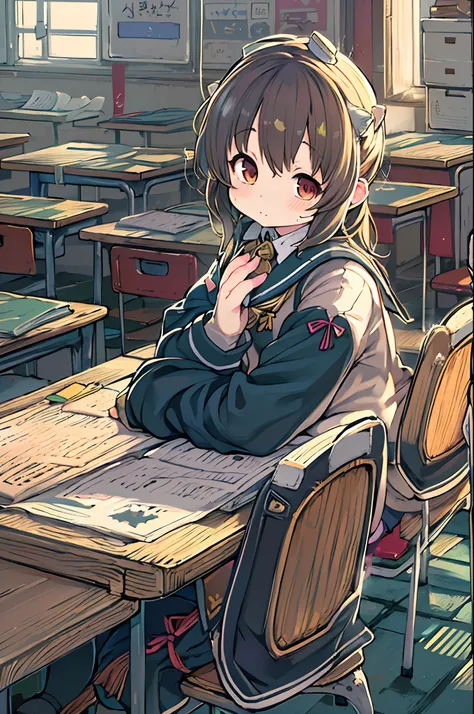 Anime girl sitting at desk in classroom with hand on chin, small curvy loli, Anime visuals of cute girls, Kantai Collection Style, anime moe art style, splash art anime loli, best anime 4k konachan wallpaper, the anime girl is crouching, Cute anime girl, s...