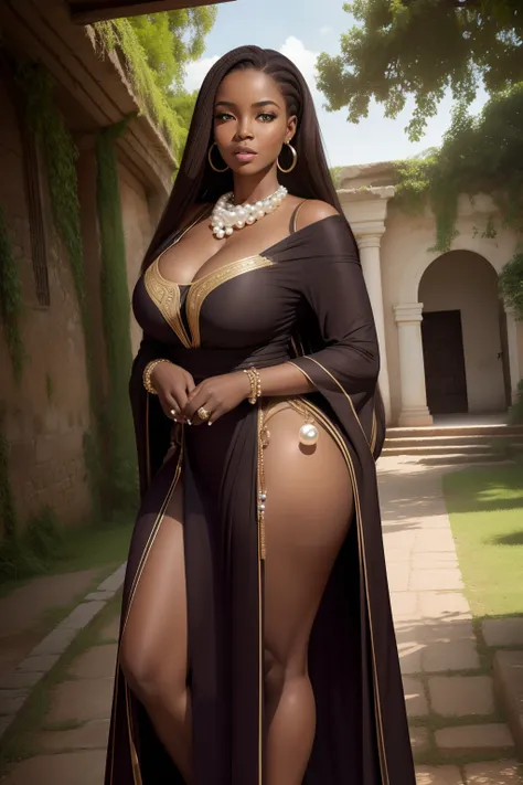 Curved African woman, jeune, beau, Grands yeux, Cils longs, long flowing dark brown hair, porter une robe, pearl earrings, collier de perles, Gros seins, debout dans un jardin, Ruins in the background, Fotorrealista, High resolution, Vue de face