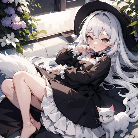 Anime girl with white hair and black dress sitting on a bench with cat, White Cat Girl, guweiz on pixiv artstation, perfect gray hair girl, beautiful anime catgirl, Very Beautiful Anime Cat Girl, guweiz on artstation pixiv, Girl with white hair, anime styl...