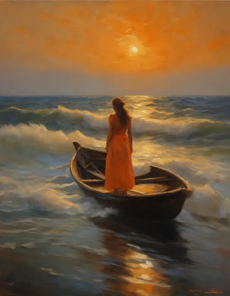 orange ocean, small wave, boat, girl on boat, oal, standing, profile, very wide view, (best quality, master piece), break, (Impressionists, oilpainting:1.3),