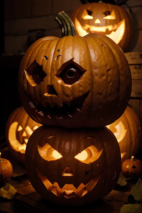 Por favor, create a high-quality, Halloween-style image of a pumpkin with a sculpted face. The pumpkin should be realistic and exhibit an authentic texture. carved into the pumpkin should have a typical Halloween style, uma atmosfera assustadora. The light...