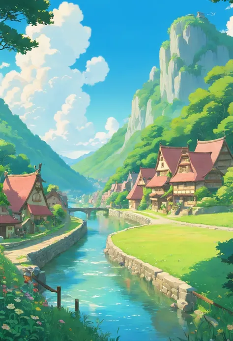 Scenery of meadows，There is a river inside, Blue sky, Village district, anime big breast