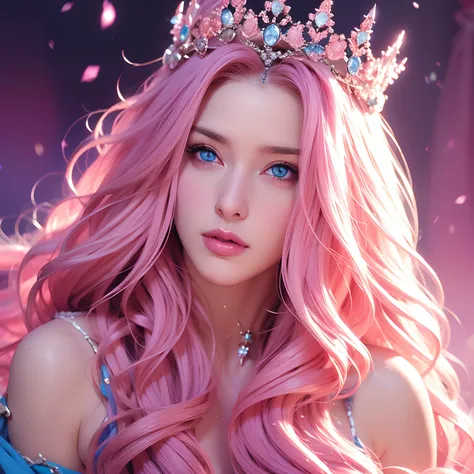 The woman, long curly hair, pink hair, blue eyes, Queen, magical, sensual, crown, Queen, sexy expression, elf