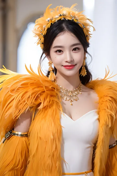 (extra detailed body、extra detailed face、best qualtiy:1.2)、femele、looking at the viewers、（a smile、Clothes with strong yellow contrast, Orange and white、Asymmetry、Earrings on bird feathers up to the shoulders、a necklace、）