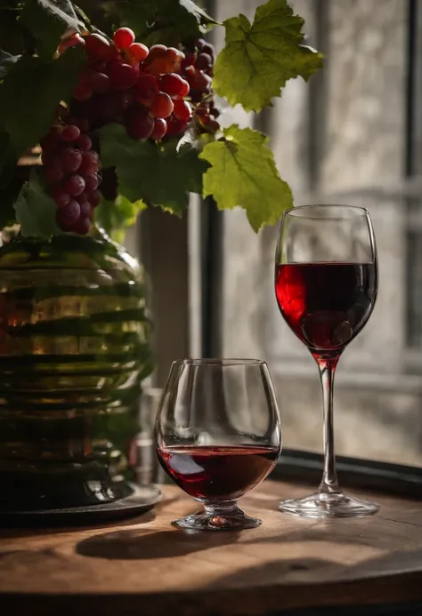 bottle of wine，The wine glass is filled with red wine，bunch of grapes，Still life photography，high high quality