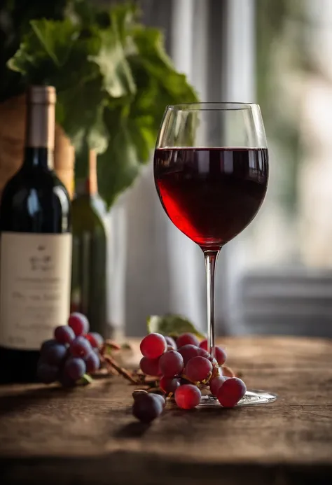 bottle of wine，The wine glass is filled with red wine，bunch of grapes，Still life photography，high high quality