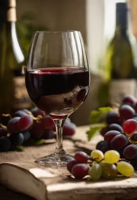 bottle of wine，The wine glass is filled with red wine，bunch of grapes，Still life photography，high high quality