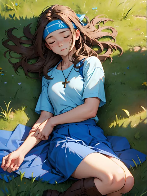 girl with blue coat, SKY blue t-shirt, blue skirt, Brown high boots, white cross necklace, long Brown hair, sky blue headband, many freckles, unconscious, defeated pose, laying over grass, closed eyes, weak