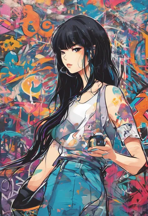 NSFW、」Oil Style、digitalart、1990s anime style、Black hair Long hair　Straight、Japan beautiful girl、18year old、Blunt bangs、camisole、Love juice、soup