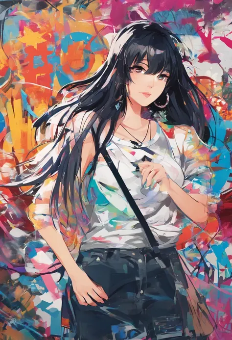 NSFW、」Oil Style、digitalart、1990s anime style、Black hair Long hair　Straight、Japan beautiful girl、18year old、Blunt bangs、camisole、Love juice、soup