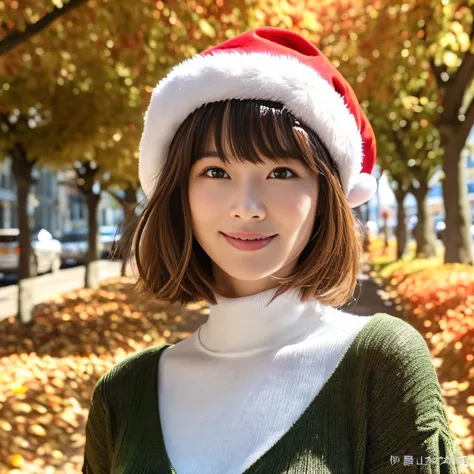 (masutepiece:1.4, top-quality、Very attractive adult beauty with a very cute smile:1.4、Add intense highlights to the eyes:1.4、Look firmly at the camera、Beautiful woman full of adult charm:1.4),1girl in, 独奏, Light brown shiny hair, muffler,Santa Claus hat:1....