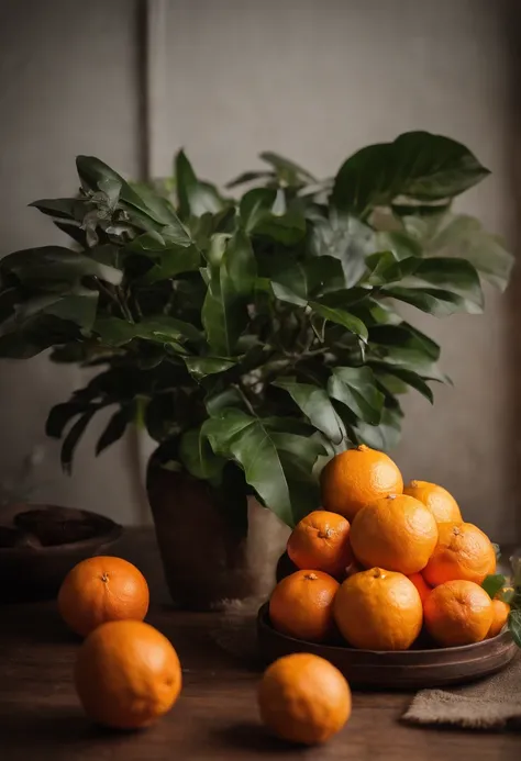 On the wooden table，A small box of oranges，fresh，Decorate a few leaves，Still life photography